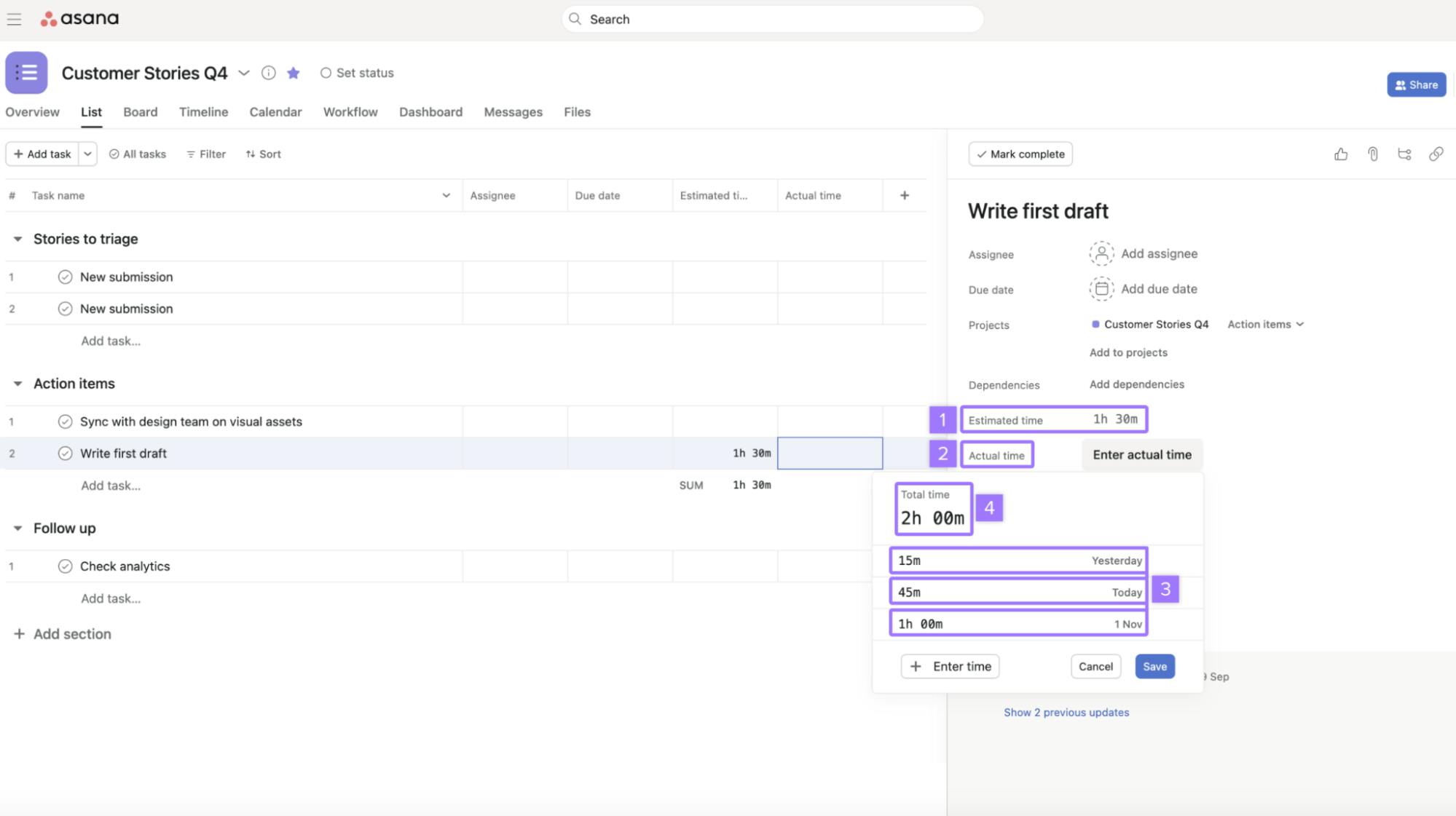 Time tracking in Asana