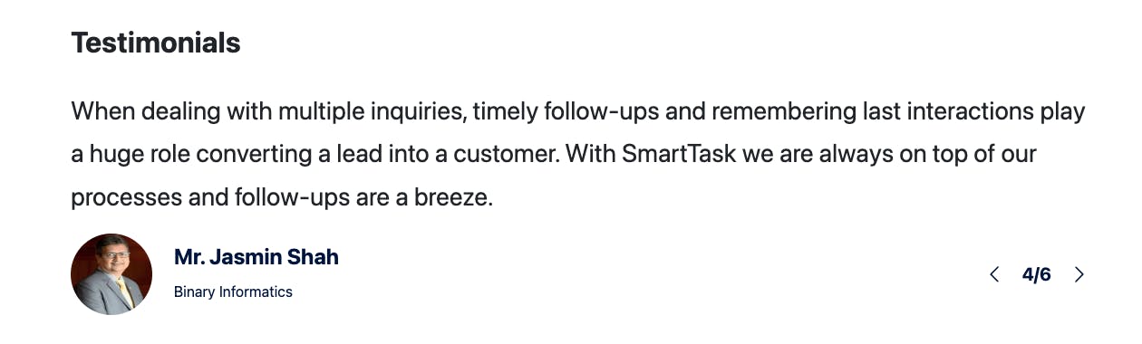 A testimonial for SmartTask