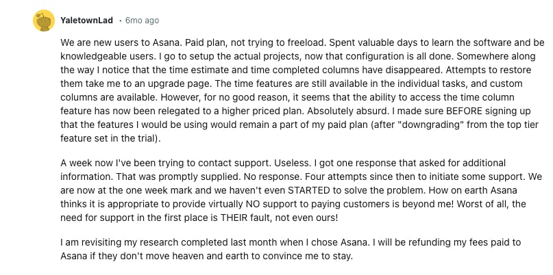 A Reddit review of Asana's customer service