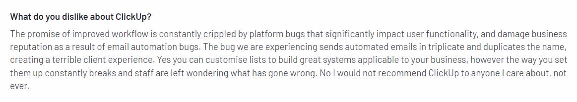 A negative review for ClickUp