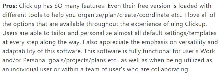 A positive review for ClickUp's free plan