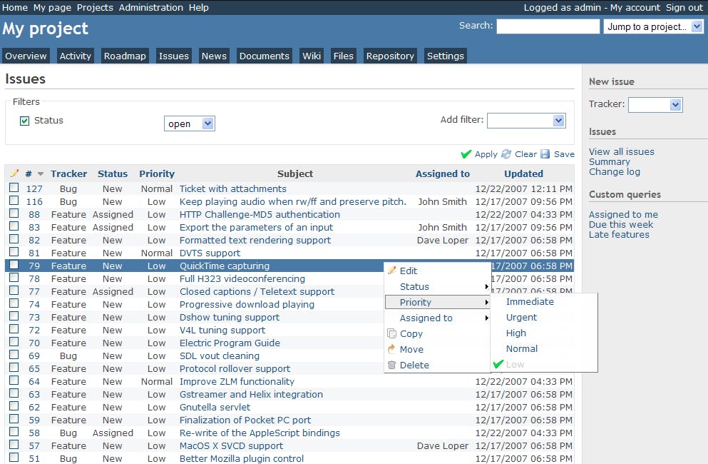 Redmine's project management screen