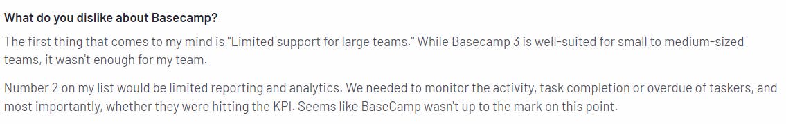 A review highlighting Basecamp's limited reporting tools