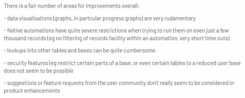 A negative review for Airtable automation and reporting features