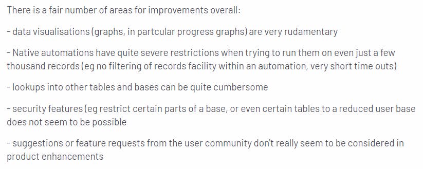 A negative review for Airtable automation and reporting features