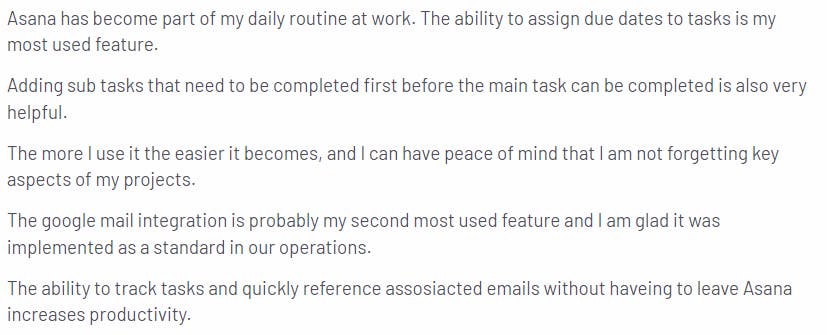 A positive review for Asana's task management features