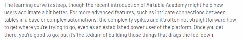 User review highlighting Airtable's complexity