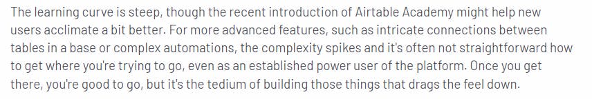 User review highlighting Airtable's complexity