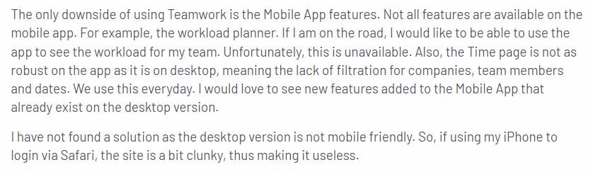 A negative review for Teamwork's mobile app