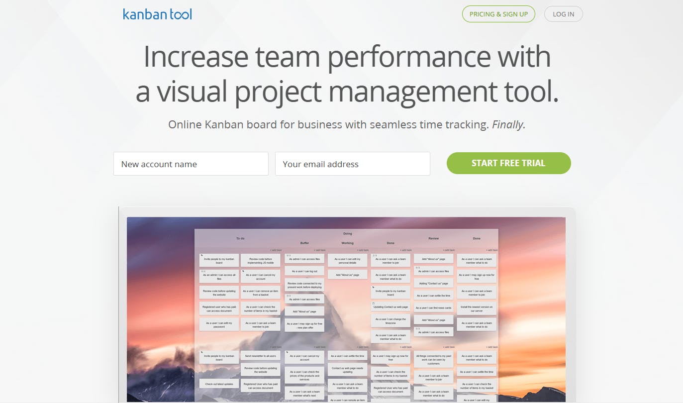 Kanban Tool's home page