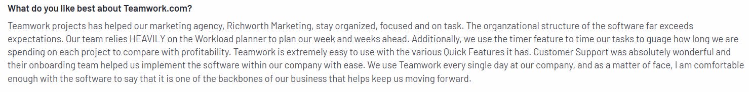 Review highlighting Teamwork's time-tracking features