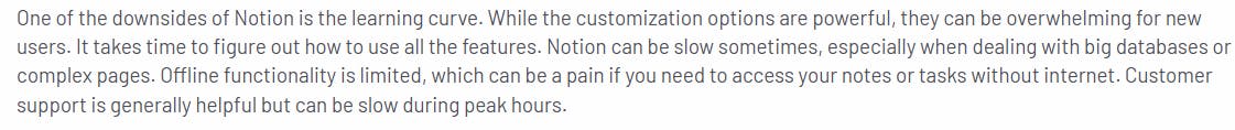 Review highlighting Notion's steep learning curve