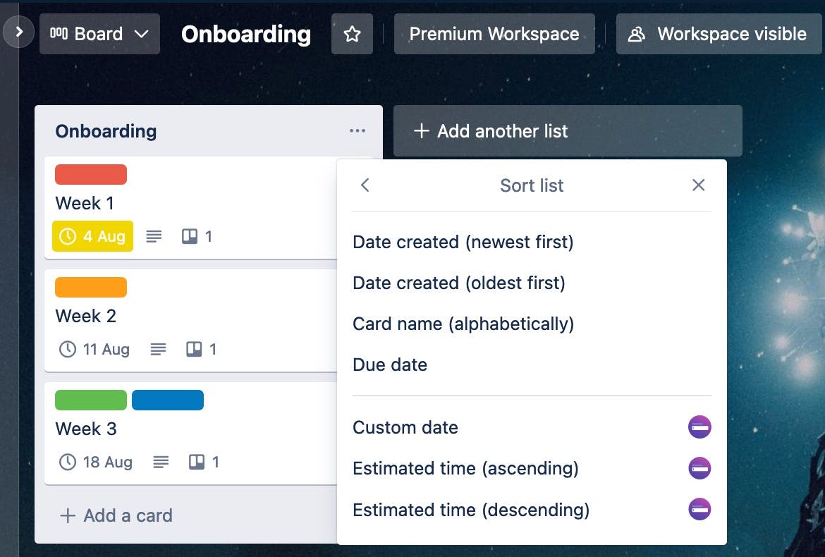 Trello sorting options