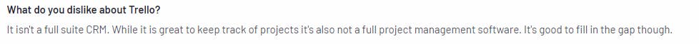 Review highlighting lack pf CRM capabilities in Trello