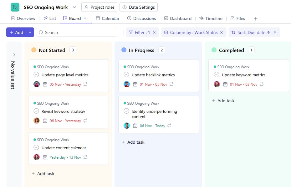 SEO Ongoing Work Board View