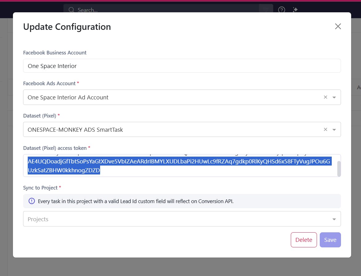 Paste Pixel token in Configuration Modal