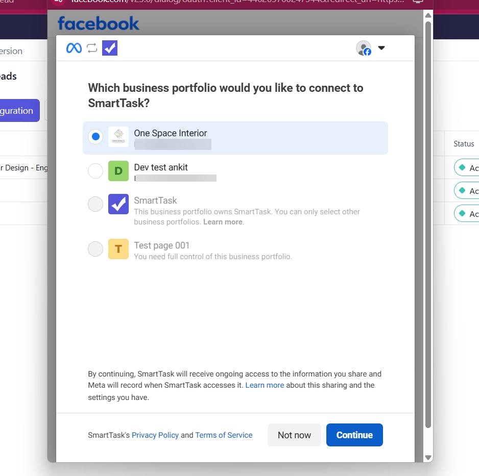 Select meta business account
