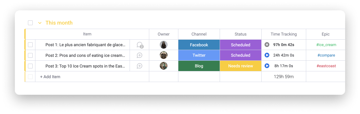 Time tracking in Monday.com's core work management platform 