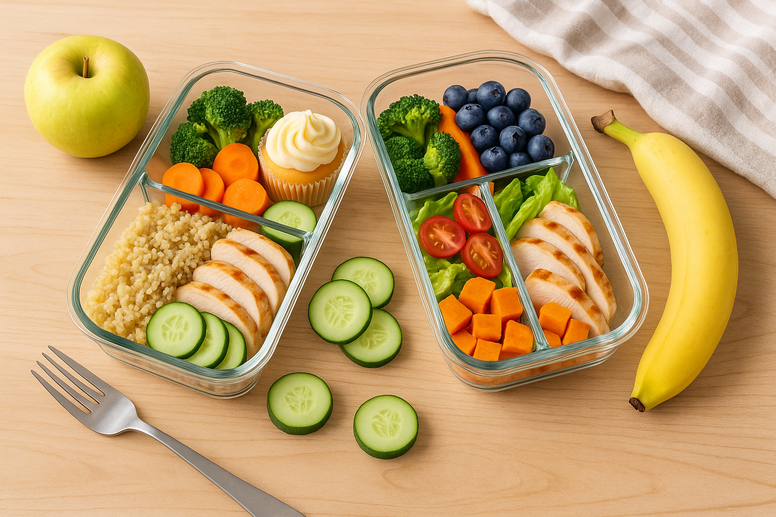 Glass bento boxes on a table with fresh fruits around