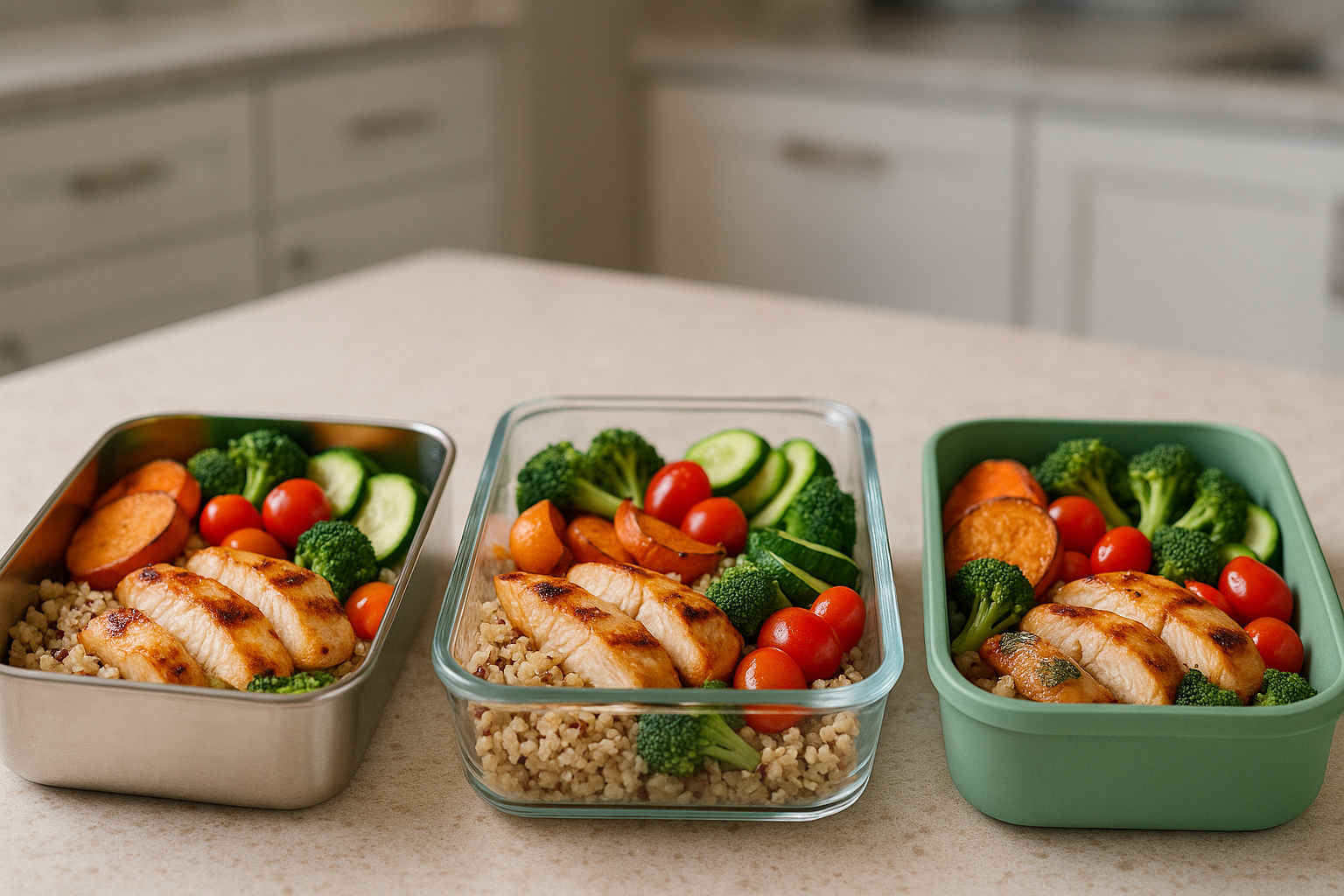 Healthy meals packed in different material food containers
