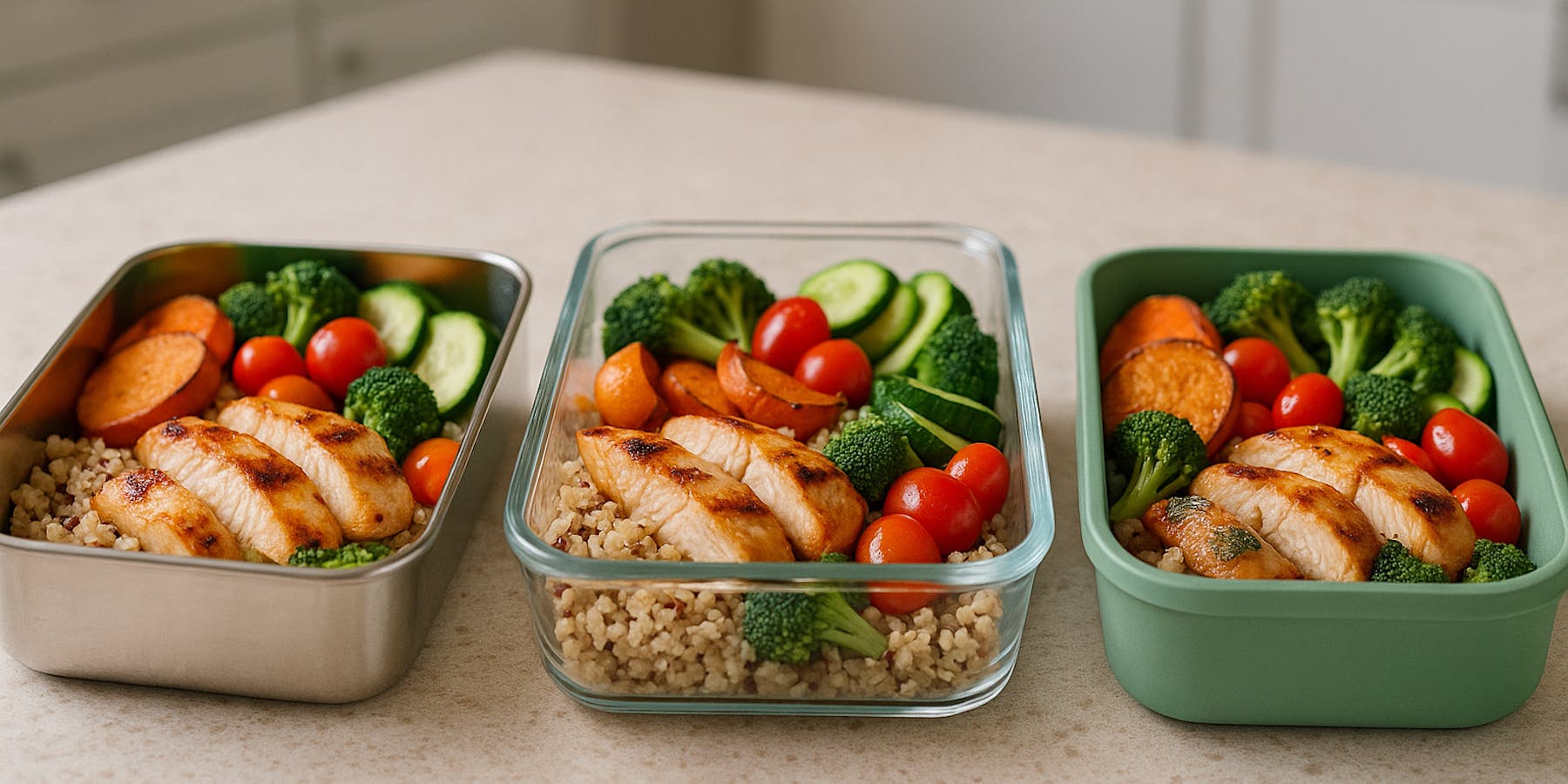 Healthy meals packed in different material food containers