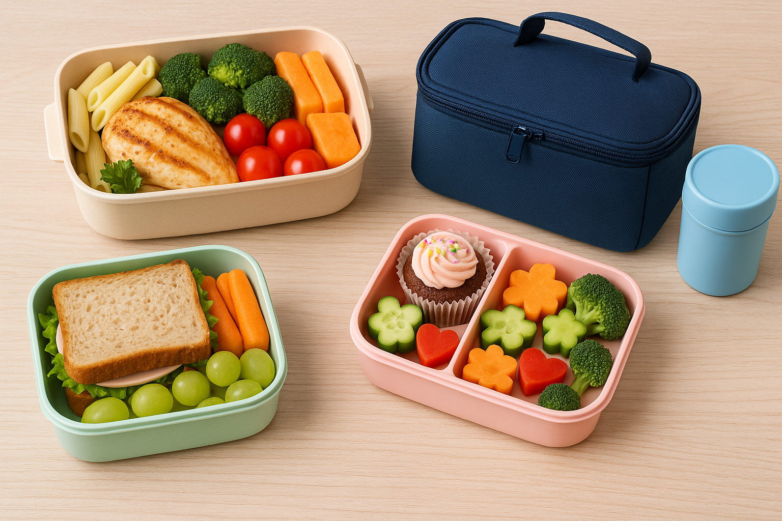 Kids lunch boxes and lunch bag on the table