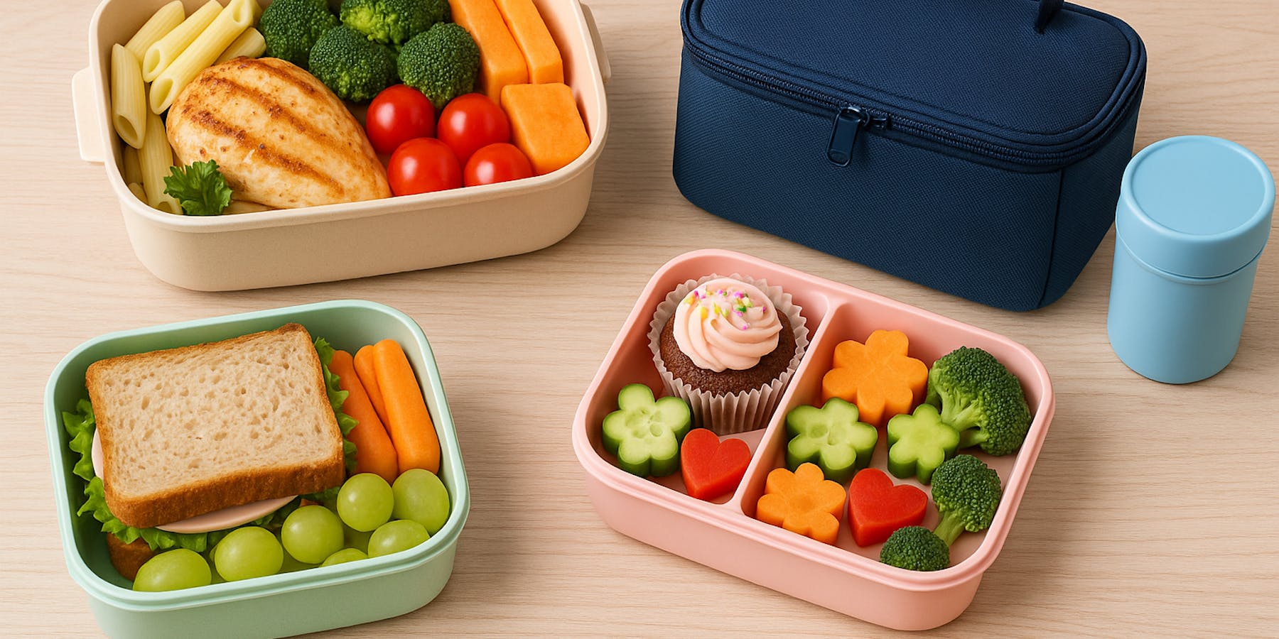 Kids lunch boxes and lunch bag on the table