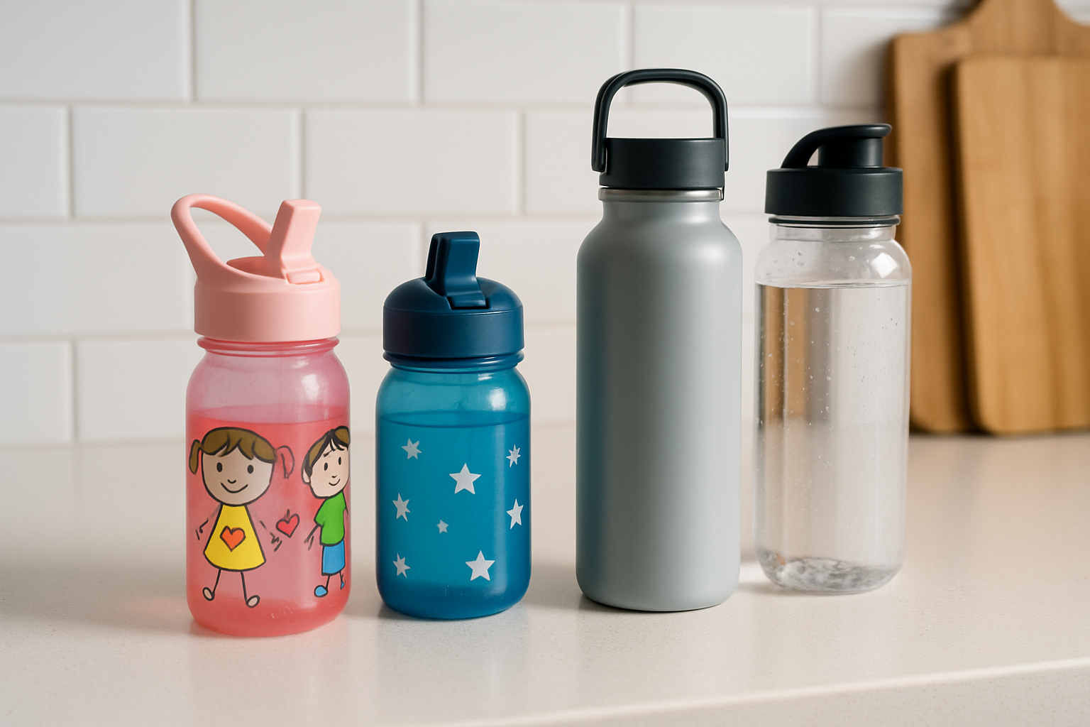 Water bottles in different materials