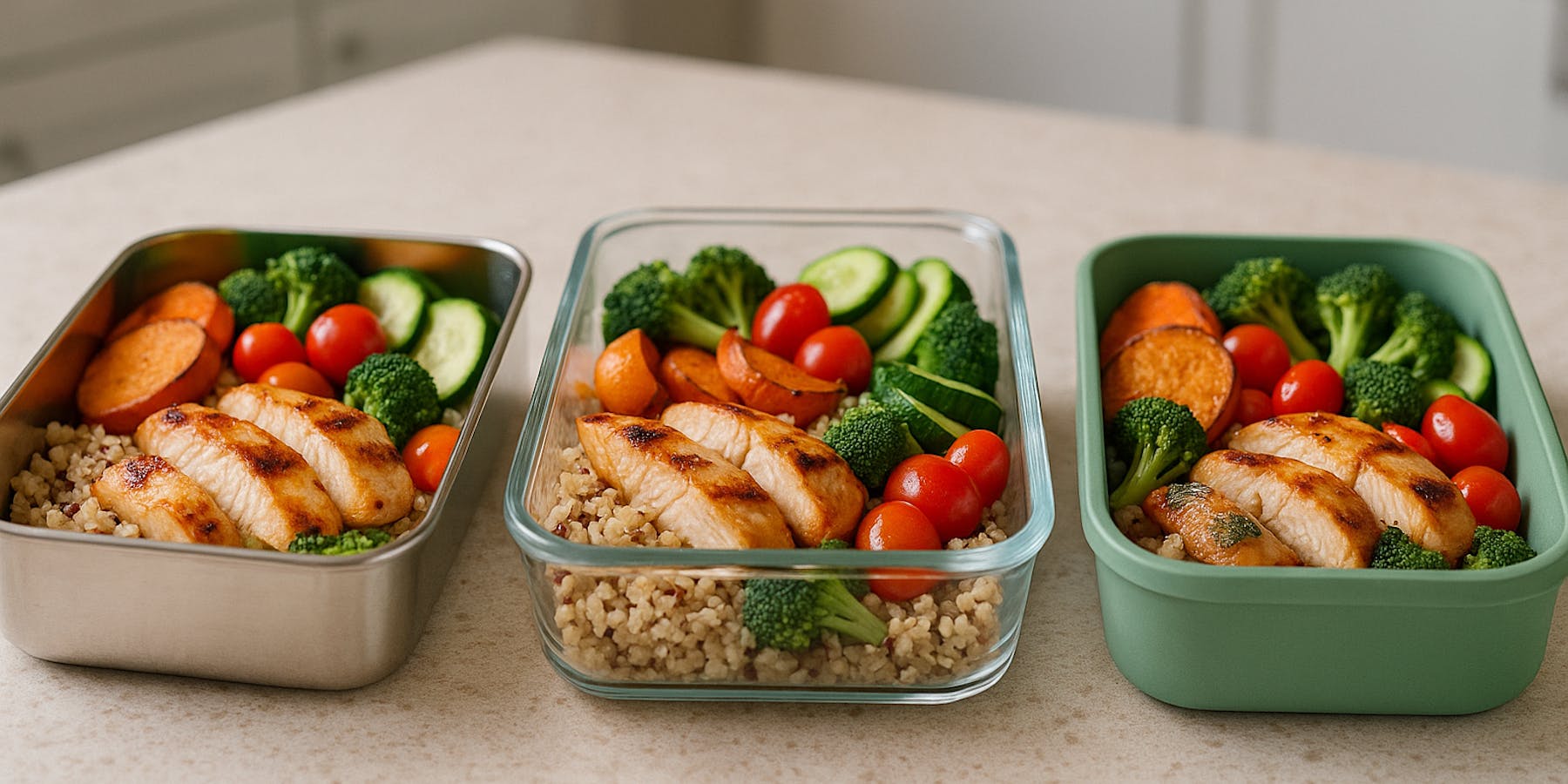 stainless steel, glass and plastic food containers on the kitchen table