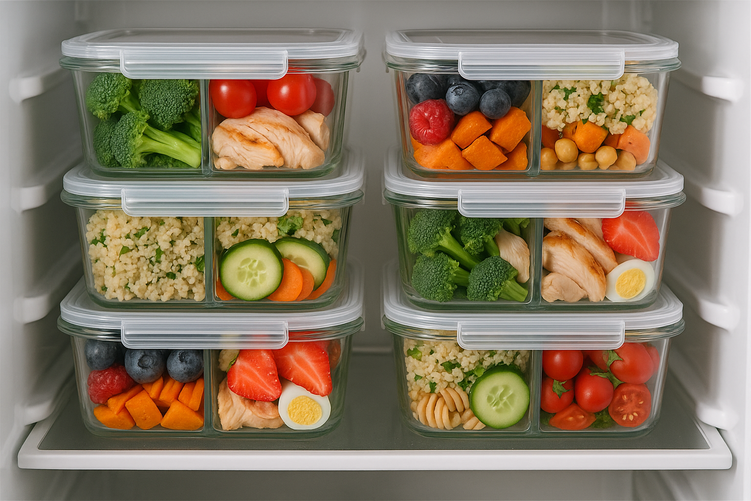 Glass bento boxes stacked in the fridge