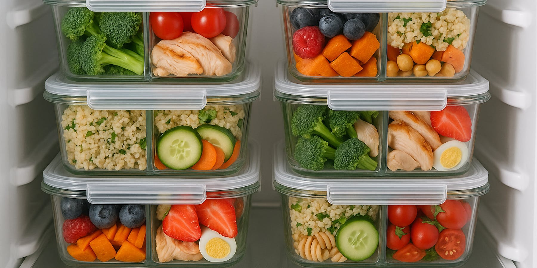 Glass bento boxes stacked in the fridge