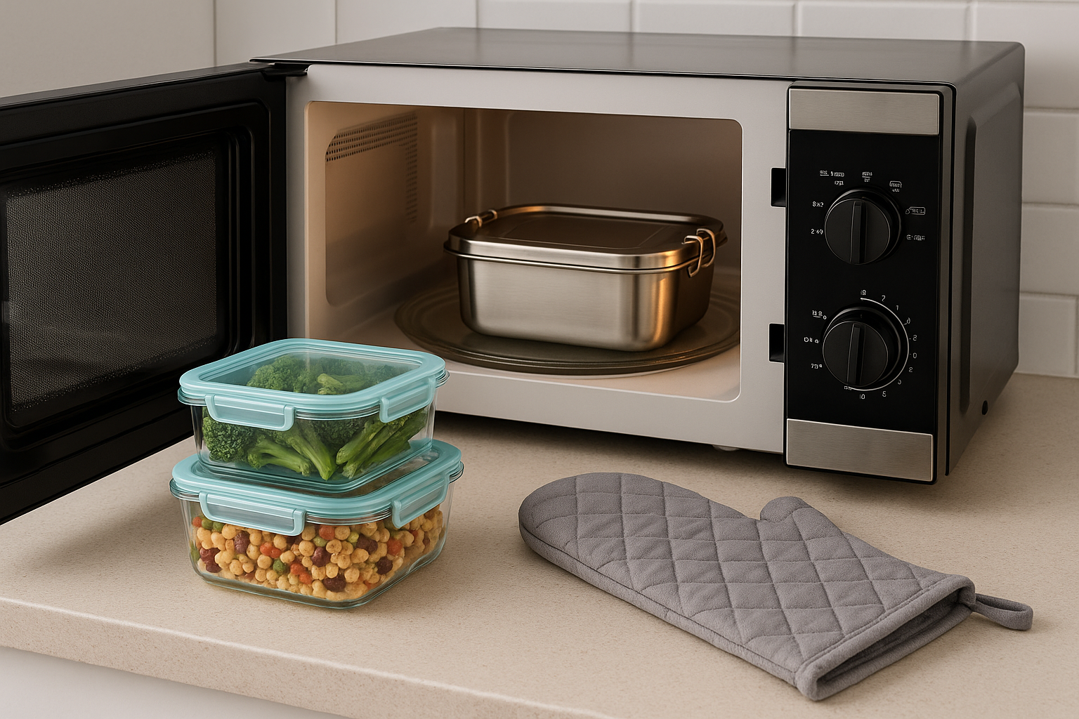 Glass lunch boxes stacked in front of microwave with a stainless steel bento inside