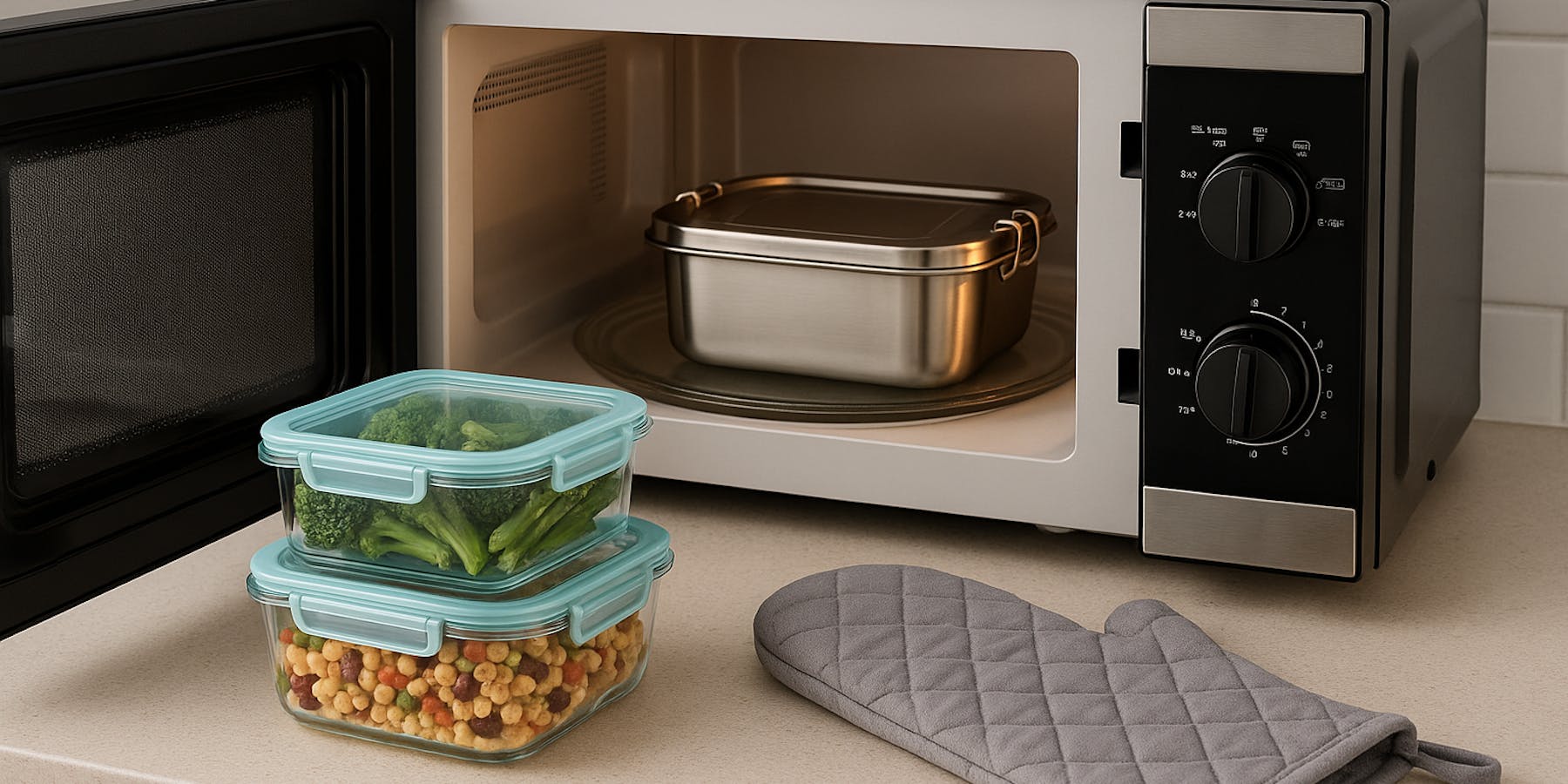 Glass lunch boxes stacked in front of microwave with a stainless steel bento inside