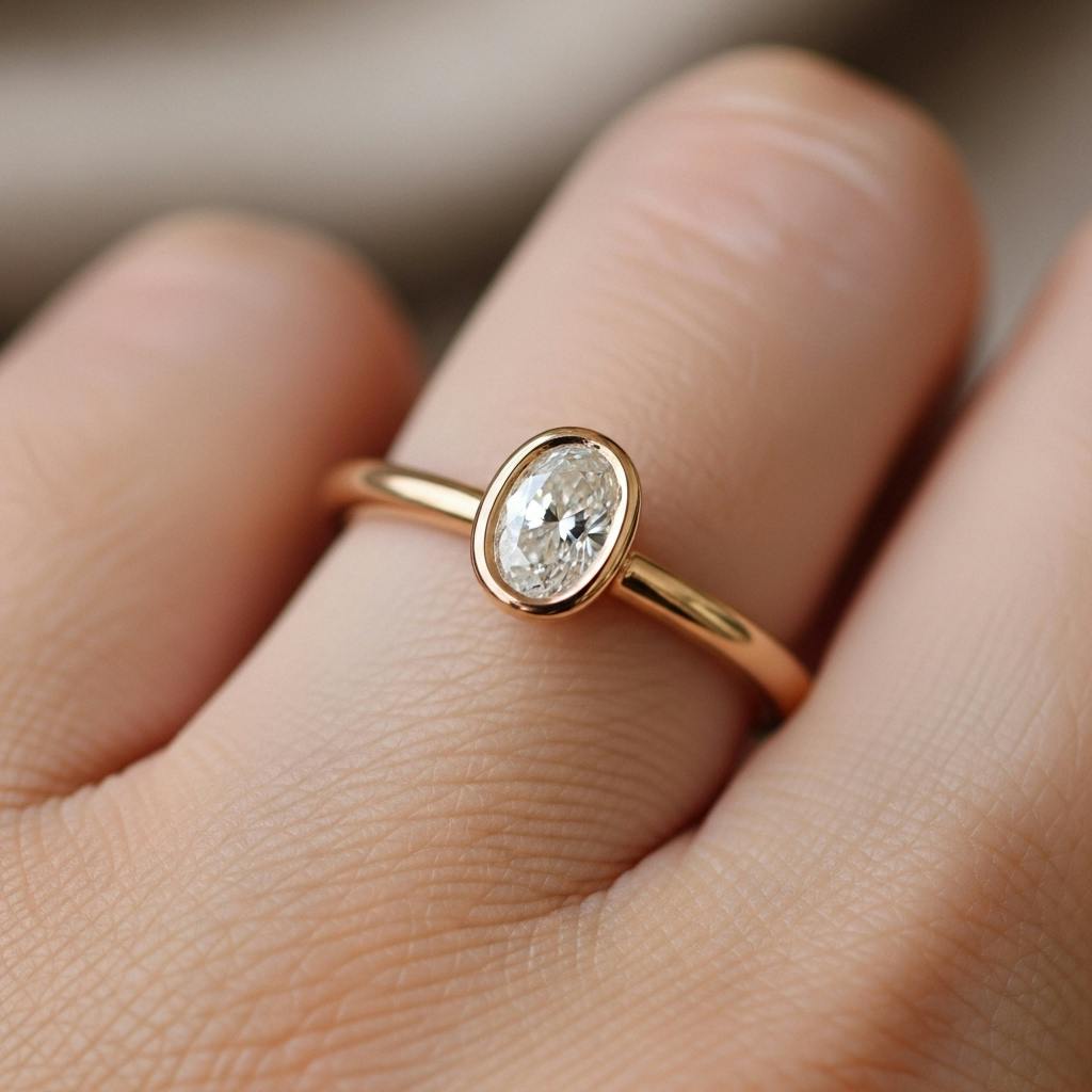 A small oval diamond engagement ring with a bezel setting
