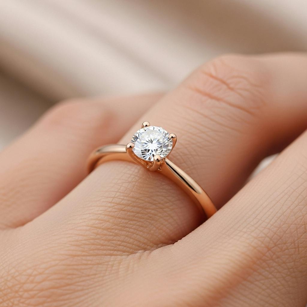 A small moissanite engagement ring in rose gold