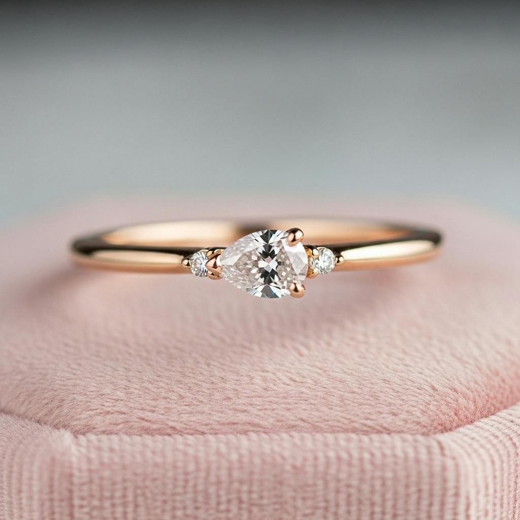 small cute engagement ring with a sideways pear-shaped diamond