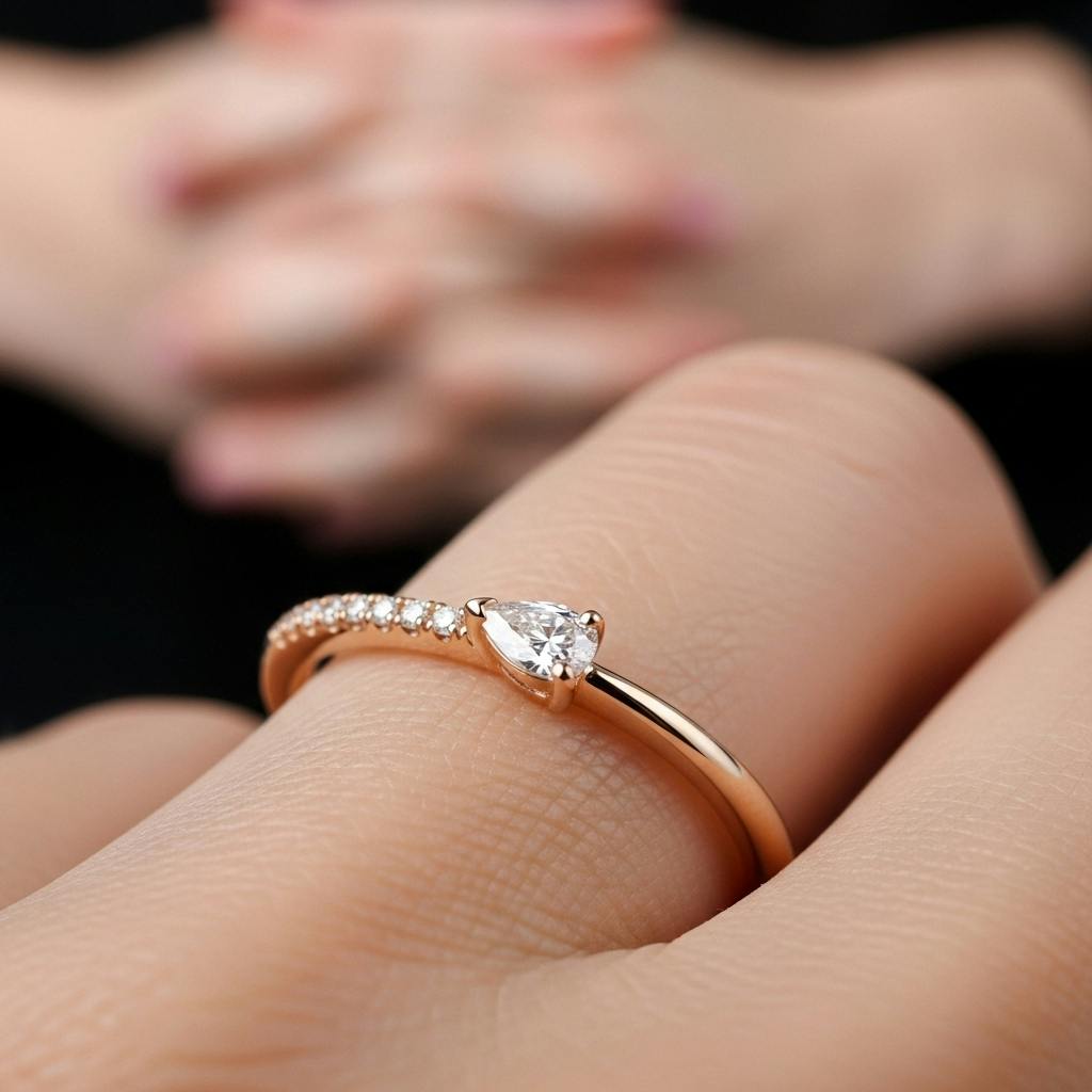 small cute engagement ring with a sideways pear-shaped diamond