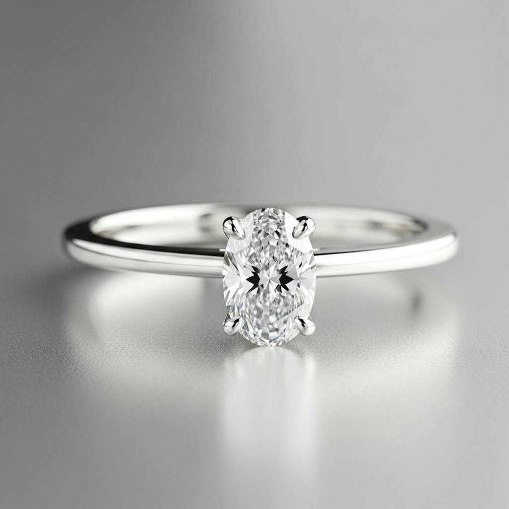 A diamond ring minimalist style with a thin band and oval center