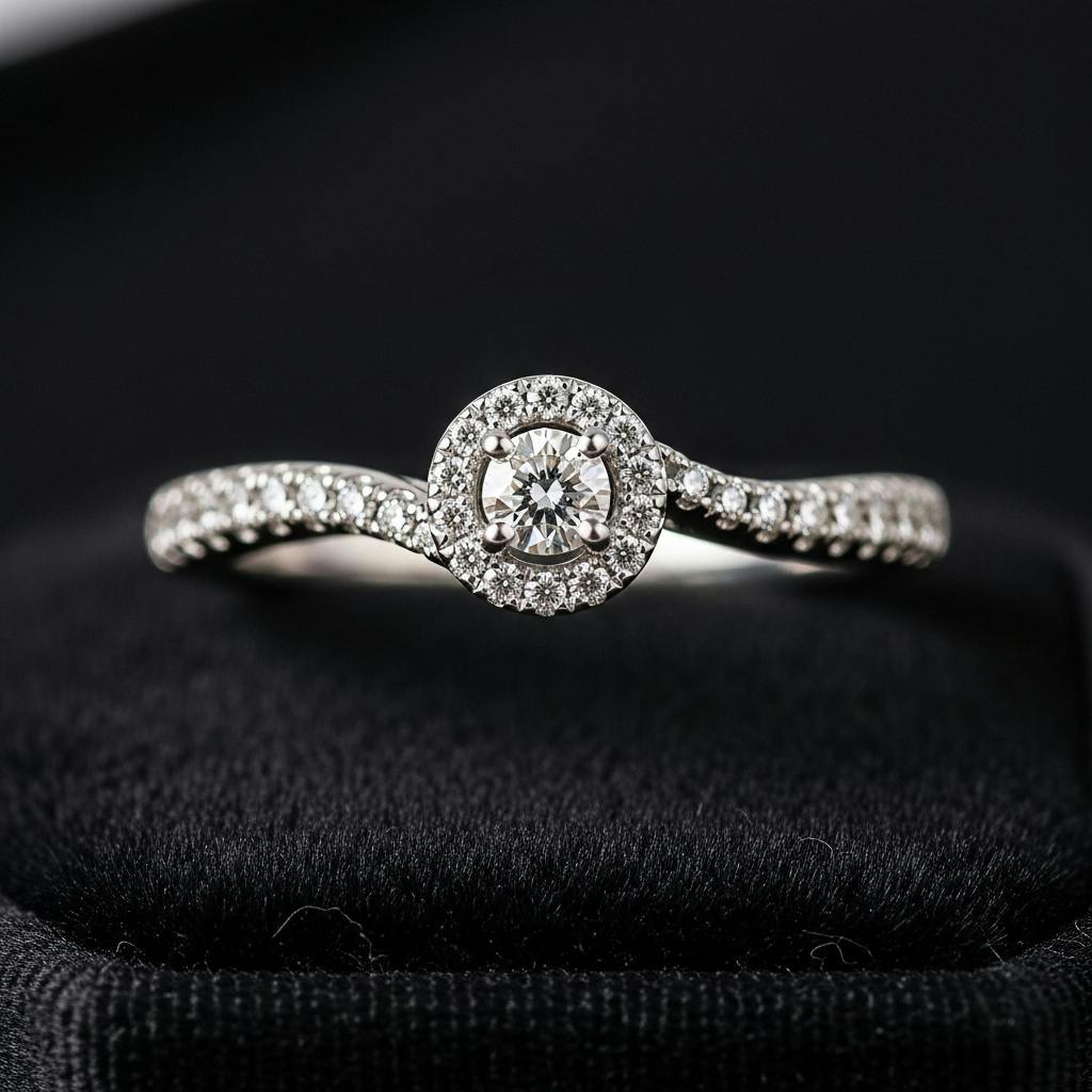 A small diamonds engagement ring with a curved pavé band