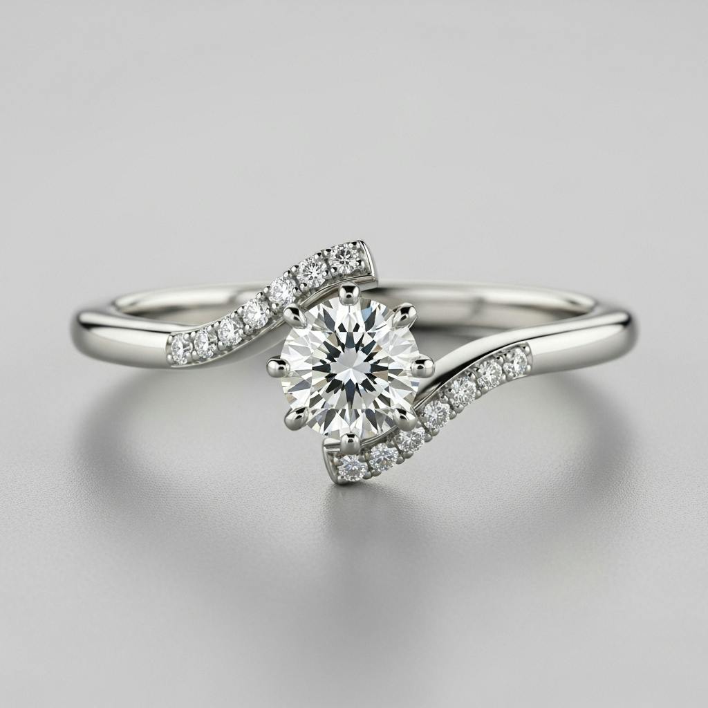 A small diamonds engagement ring with a curved pavé band