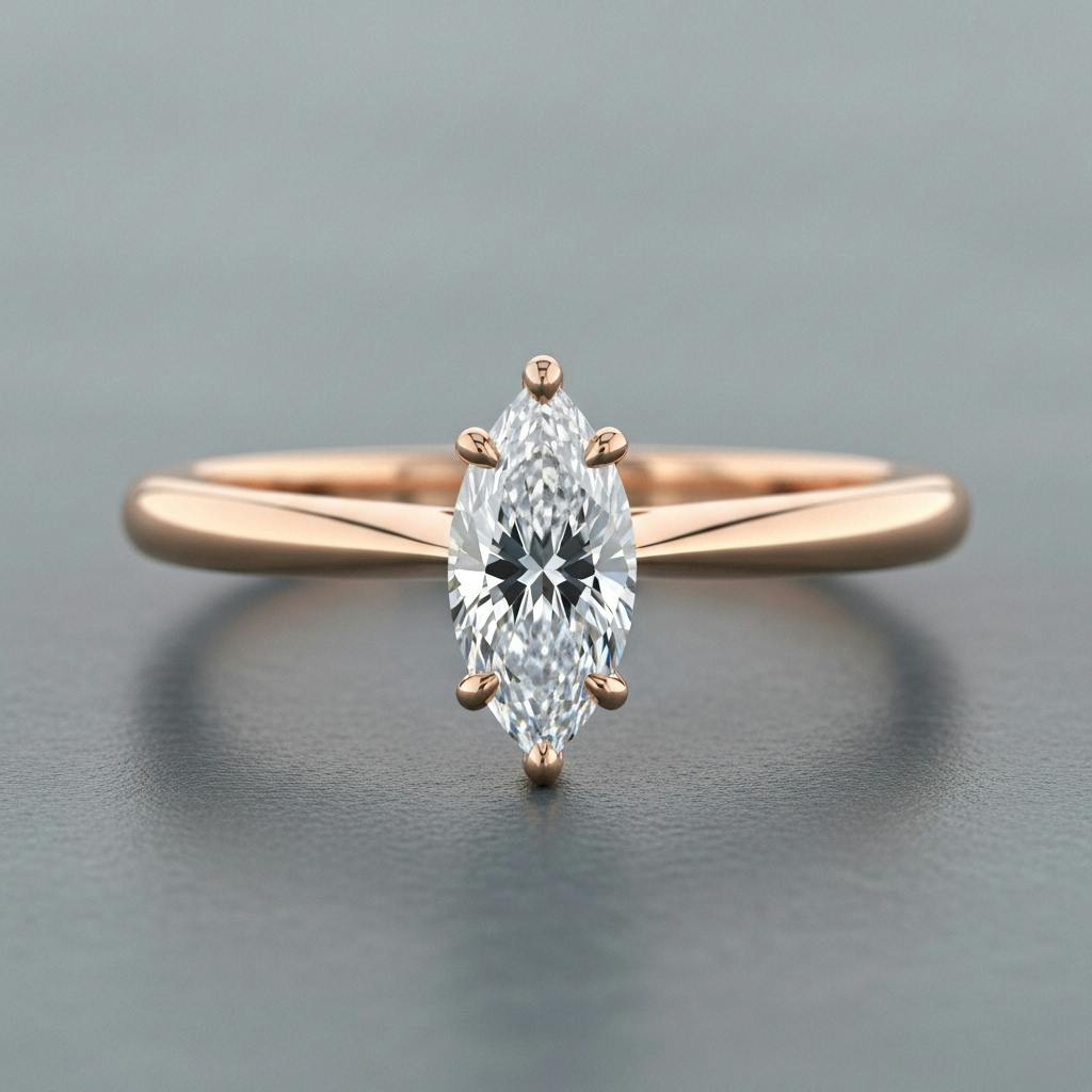 A minimalist unique engagement ring with a marquise-cut moissanite