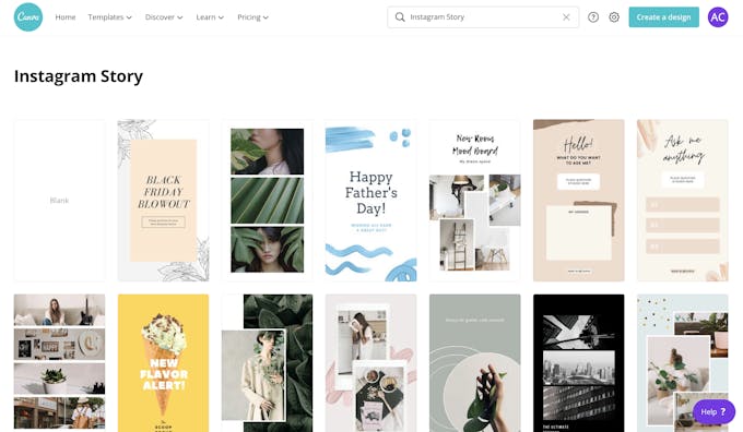 A selection of Instagram story templates in canva.com.