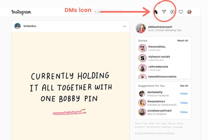 Click on the paper plane icon to access your Instagram DMs