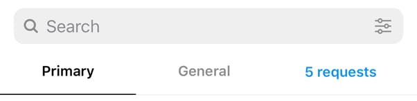 Screenshot of the inbox tabs in instagram: primary, general and message requests