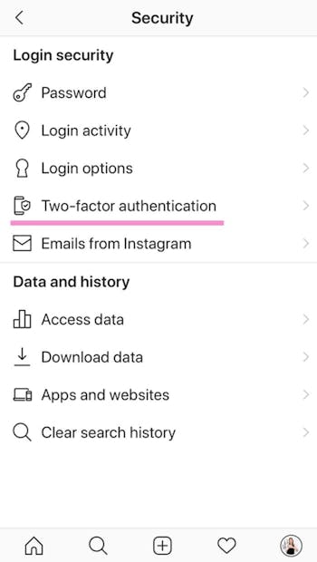 Finally, click on Two factor authentication to start setting it up