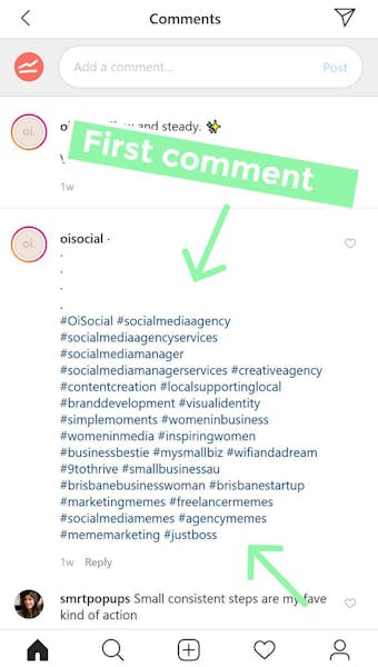 Add hashtags as the first comment on your post