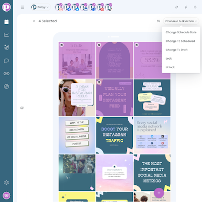 The bulk actions menu open in the instagram feed planner view in Pallyy.