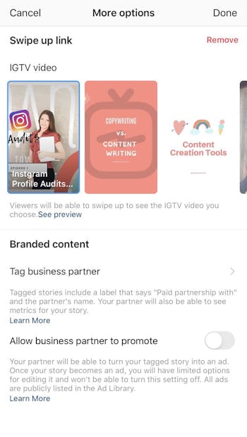 Your viewers can see your linked IGTV by swiping up on your Instagram story