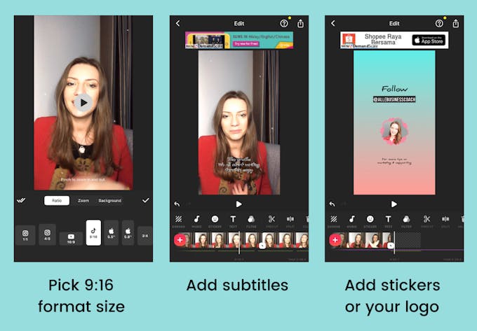 A diagram showing you three tips on editing an IGTV video: Size, subtitles and stickers.