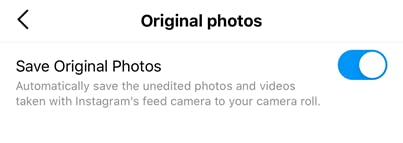 Screenshot of the save original photos toggle in Instagram